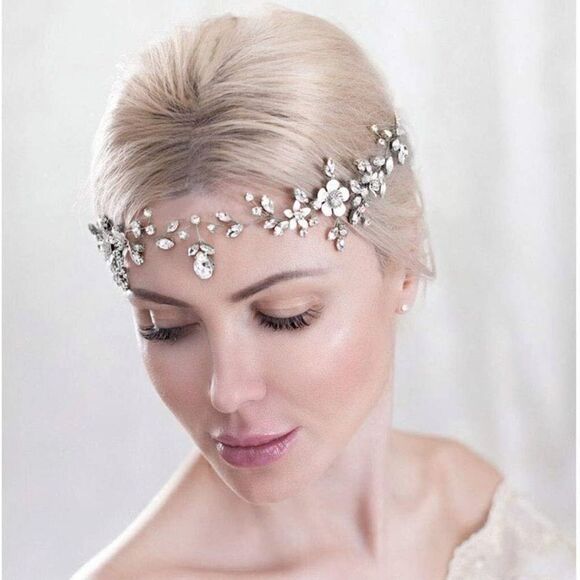 Flower Bride Wedding Headband Silver Crystal Hair Vine Braid Headpiece crown - Picture 1 of 6